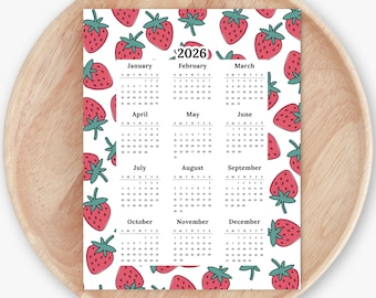 2026 Calendar Print | Strawberry At A Glance Unframed Art | Bright Fruity Office Wall Decor