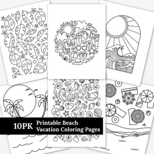 10 PK Strand Urlaub zum Ausdrucken | Tropischer Reise-Sonnenschein-Ozean unter dem Motto | Illustrierte Sommer Ausmalbilder