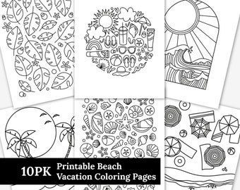 10 PK Beach Vacation Printable Coloring Pages | Tropical Travel Sunshine Ocean Themed | Illustrated Summer Coloring Sheets