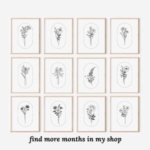May include: A set of 12 printable art prints featuring black and white line drawings of different flowers in oval frames. The prints are arranged in a grid of four rows and three columns. The text "find more months in my shop" is at the bottom of the image.