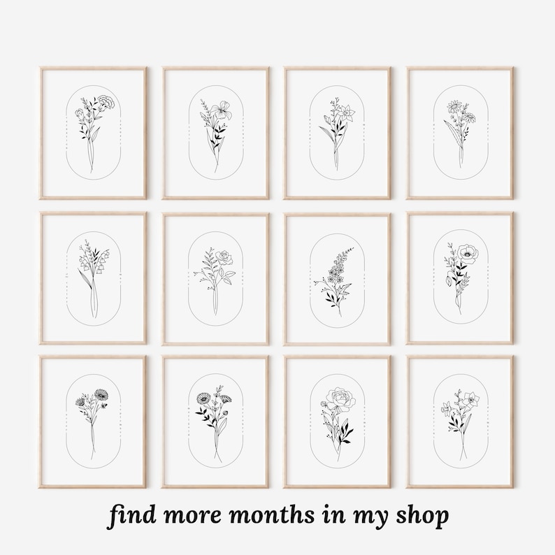 May include: A set of 12 printable art prints featuring black and white line drawings of different flowers in oval frames. The prints are arranged in a grid of four rows and three columns. The text "find more months in my shop" is at the bottom of the image.