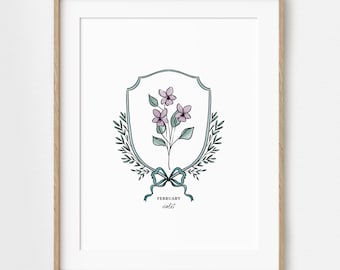 Pick Your Birth Flower Print 6 Sizes | Unframed Custom Gift for Birthdays | Sketched Crest & Bow Floral Illustration