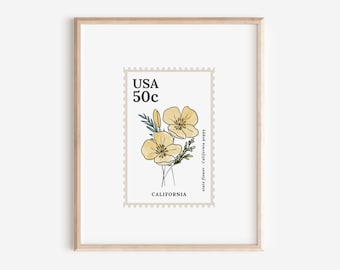 California US State Flower Stamp | Poppy Watercolor Floral Art Printable Garden Inspired Gift