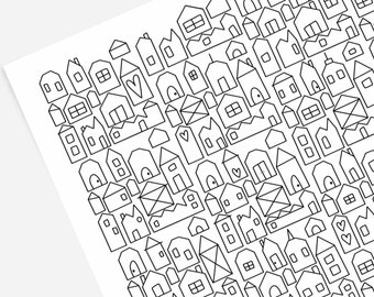 Village City with Hearts | Hand-Drawn Digital Coloring Page | Print & Color