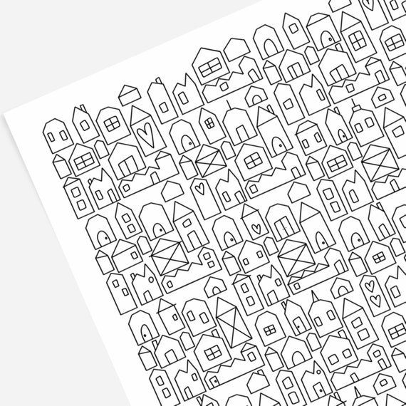 Village City with Hearts | Hand-Drawn Digital Coloring Page | Print & Color