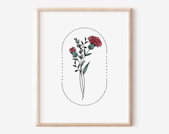 January Birth Flower Carnation | Watercolor Oval Frame Simple Art Printable
