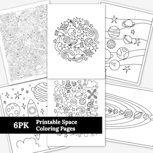 6 PK Páginas para colorear imprimibles de astronomía espacial y galaxias, Actividad escolar ilustrada a mano, Juego de fiesta de cumpleaños, Hoja de trabajo hecha temprano