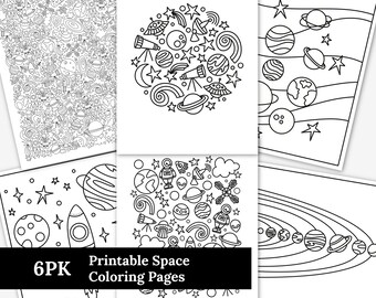 6 PK Space Astronomy & Galaxy Printable Coloring Pages | Hand Illustrated School Activity Birthday Party Game Early Done Worksheet