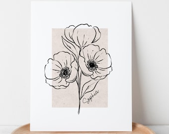 Personalized Name Birth Flower Print | Unframed Custom Gift for Birthdays | Antique Accent Wall Art