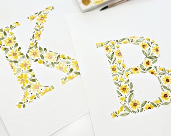 Painted Sunflower Monogram | Yellow Floral & Bronze Watercolor Letter Painting | Anniversary Gift