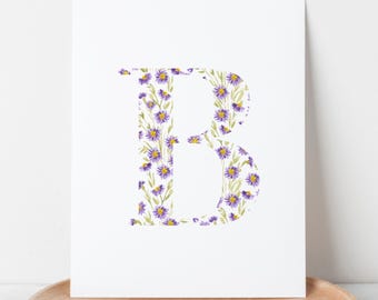 Purple Aster Letter Art | Flower Monogram Print | Custom September Birth Flower