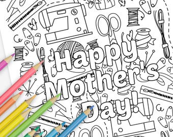 Happy Mother's Day | Sewing & Crafts Digital Coloring Page Printable | FREE Card