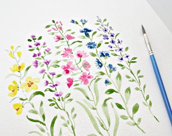 Original Watercolor Painting Wildflower No. 3 | Pink Blue Purple Yellow Meadow Flowers OOAK