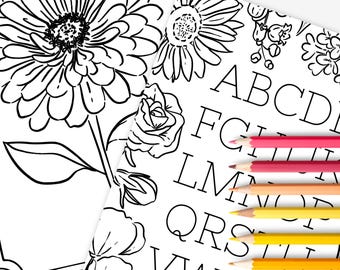 Floral Alphabet Set Printable Coloring Pages | Hand Illustrated Flowers + Color Swatch Testers