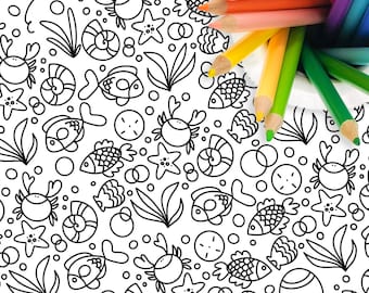Ocean Finds Printable Coloring Page | Illustrated Sea Creatures Fish Crab Shells