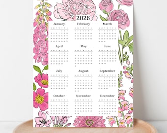 2026 Calendar Print | Pink Florals At A Glance Unframed Art | Floral Office Wall Decor
