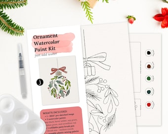 Ornament Watercolor Paint Kit | Pick Your Pack 2, 4, 8, 10, 12 Packs | Pre-Sketched Christmas Art Set for Paint Party