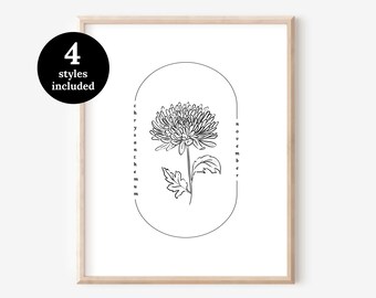 November Birth Flower Chrysanthemum 4 Styles Included | Watercolor Oval Frame Simple Line Art Printable