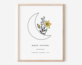 March Birth Flower Daffodil | Lunar Floral Art Printable | Garden Inspired Birthday Gift