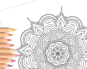 Mandala Flower Burst | Hand-Drawn Coloring Page Print & Color | Digital Printable Color Sheet Mindful and Relaxation