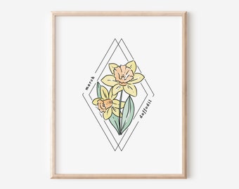 March Daffodil Birth Flower Print | Watercolor Floral Diamond Frame