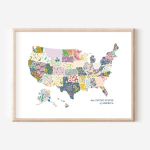 USA Map Poster | Wildflower Meadow | United States of America Patterned Art Print | Floral Classroom Garden Inspired Nursery Wall Decor