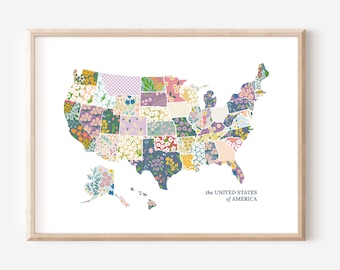 USA Map Poster | Wildflower Meadow | United States of America Patterned Art Print | Floral Classroom Garden Inspired Nursery Wall Decor
