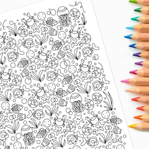 Ocean Finds Printable Coloring Page | Sea Inspired Creatures Fish Crab Shells Hand Drawn Mermaid Party Game | FREE Tester & Blender Sheets