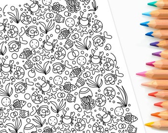 Ocean Finds Printable Coloring Page | Sea Inspired Creatures Fish Crab Shells Hand Drawn Mermaid Party Game | FREE Tester & Blender Sheets