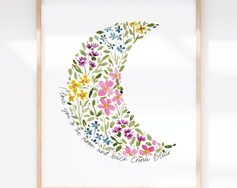 Personalized Floral Crescent Moon Art Print | Hand Painted Watercolor Wildflowers