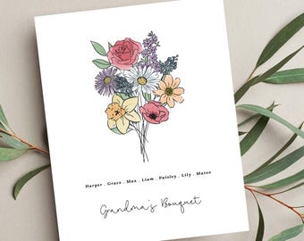 Family Birth Flower Bouquet Printable | Up to 10 Names & Flowers | Custom Garden Gift for Mom Grandma