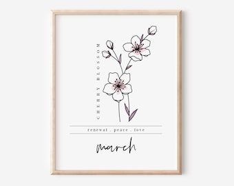 March Cherry Blossom Birth Flower Digital Art Printable | Garden Inspired Gift for March Birthdays | Floral Gift for Mother's Day