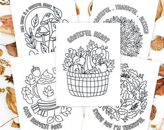 10 Pk Gratitude Printable Coloring Pages Digital Color Sheets | Hand-Drawn Grateful & Thankful Fall Illustrations