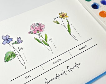 Hand Painted Family Birth Flower Garden Bunch Up to 6 Flowers & Names | Unframed Personalized Watercolor Floral Art