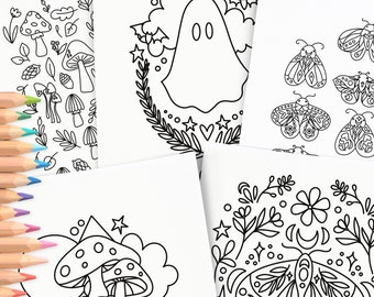 5 Pk Magical Mushrooms & Moons | Hand-Drawn Coloring Page Print Color | Digital Printables