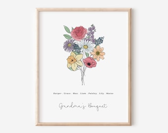 Birth Flower Family Bouquet Printable | Remembrance In Memory of Gift for Grieving Loved Ones | Up to 12 Names & Flowers