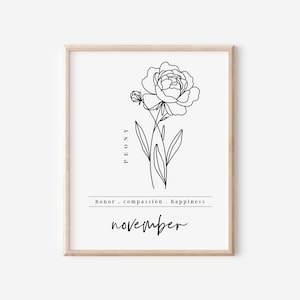 November Birth Flower Peony Printable | Black & White Art Garden Inspired Wall Decor Birthday Gift