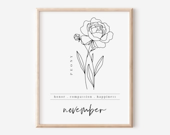 November Birth Flower Peony Printable | Black & White Art Garden Inspired Wall Decor Birthday Gift