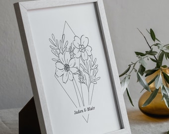 Personalized Birth Flower Bouquet Art Print | Anniversary Gift