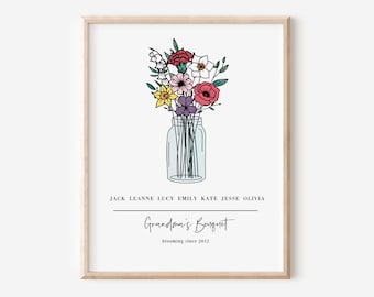 Personalized Birth Flower Bouquet Printable | Up to 7 Names | Gift for Mom and Grandma | Birth Month Custom Digital Art