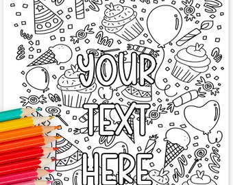 Personalized Text Party Balloons Cupcakes Printable Coloring Page | Hand-Drawn Coloring Sheet Birthday Game Decor