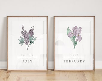 Pick A Birth Month Flower with Attributes Unframed Art Print | Birth Flower Illustration Simple Floral Art Birthday Gift