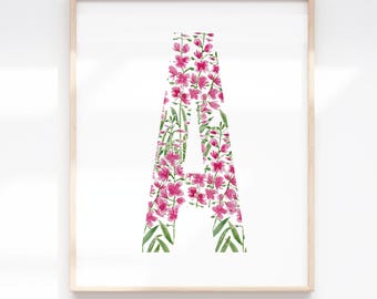 Painted Fireweed Initial Art | Monogram Print | Pink Botanical Letter Wall Decor