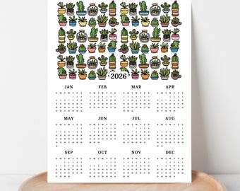 2026 Calendar Print | Potted Succulents At A Glance Unframed Art | Floral Office Wall Decor