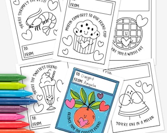 Coloring Valentine's Day Printable | 6 Classroom Exchange Cards for Best Friends & Foodies
