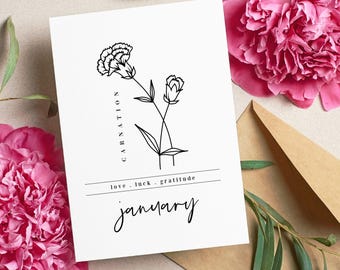 January Birth Flower Carnation | Black & White Art Printable