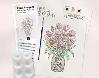 Tulip Bouquet Watercolor Paint Kit | Pre-Sketched All In One Art Set, Family Paint Party, Date Night
