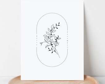 December Birth Flower Holly | Oval Frame Simple Art Printable | Floral Line Art
