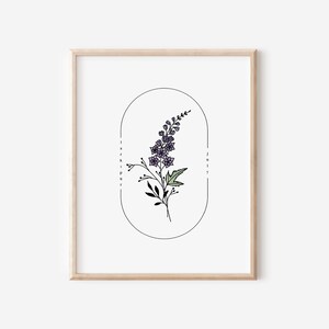 Flor de nascimento em julho Larkspur | Arte simples com moldura oval em aquarela para impressão