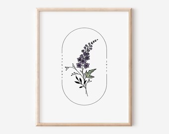 July Birth Flower Larkspur | Watercolor Oval Frame Simple Art Printable